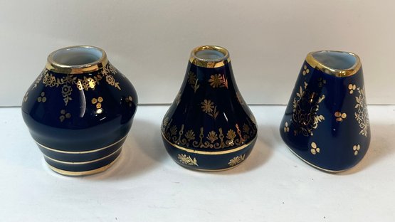 Lot Of 3 Vintage Limoges Porcelain MINIATURE Cobalt Blue Vases - France