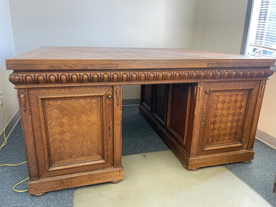 Antique Oak Notaries Desk With Parquetry Inlay Top And Sides