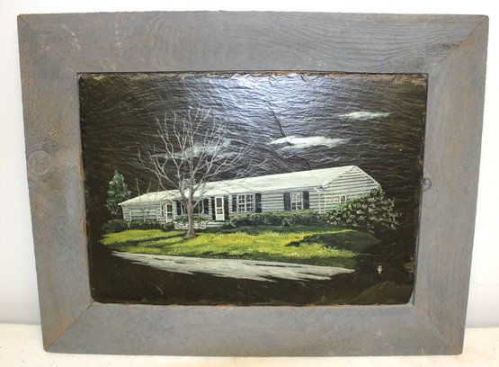 Hand Painted Pic Of House On Slate Wooden Frame (stamped)