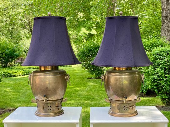 Dramatic Pair Of Brass Samovar Lamps With Lion Head Rings
