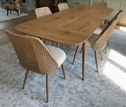 Dining Room Table And 8 Woven Rattan Back Upholstered Seat Chairs