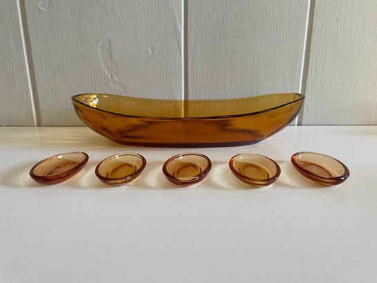 Amber Glass Oval Bowl & Five Small Individual Dishes