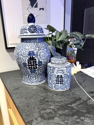 Pair Of Blue & White Chinoiserie Ginger Jars