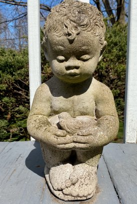Garden Statue Of A Small Child Holding A Bird - Henri Studio Inc.