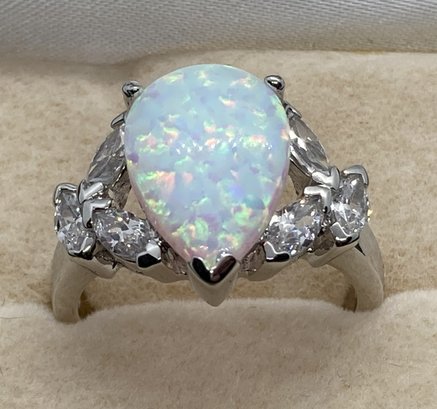 Fine Sterling Silver Ring With Teardrop Opal And Clear Gamestones- Suzanne Somers Collection