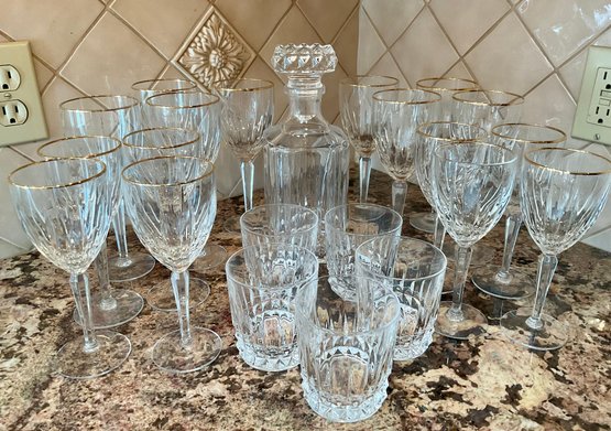 Gold Trimmed LENOX Wine Glasses, A Crystal Decanter And Rocks Glasses