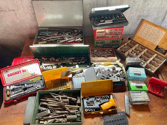 Mixed Hardware Items Including Socket Sets, Drill Bits, Wrenches & More