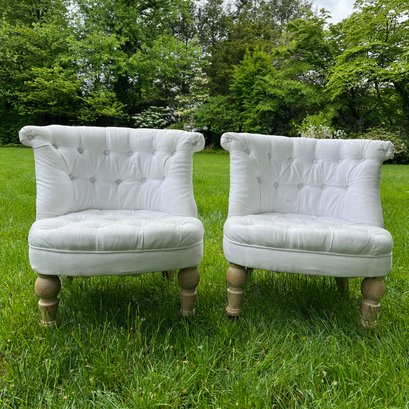 A Pair Of Petite Canvas Tufted Slipper Chairs- Cottage Chic-oui Oui!