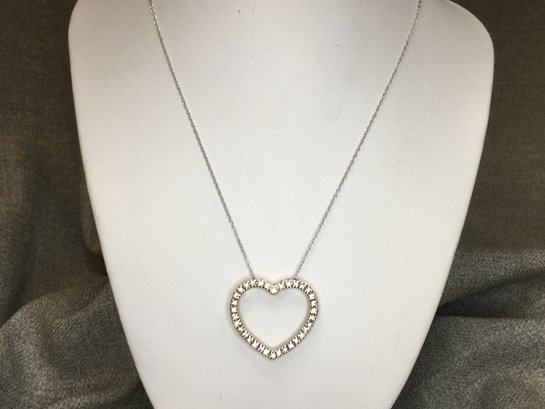 Lovely 925 / Sterling Silver Necklace With Heart Shaped Pendant - Encircled With White Zirconia - Very Nice !