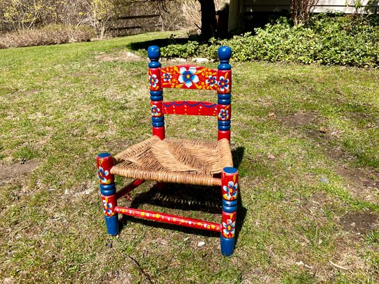 Colorful Paint Decorated Child's Rush Seat Chair