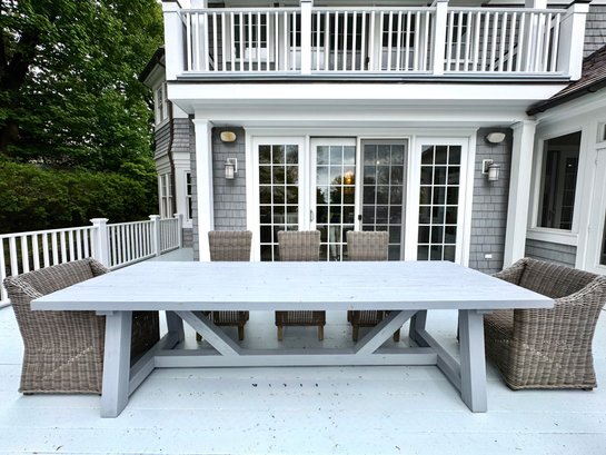 Large Restoration Hardware Plank Top Dining Table & 8 Rattan Chairs