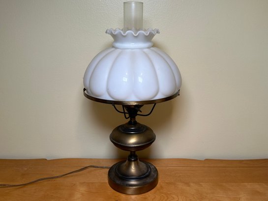 Vintage Brass & Milk Glass Lamp With Chimney