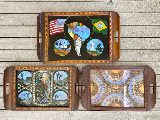 Three Colorful Wood Trays With Inlay Butterfly Wing Decoration Under Glass