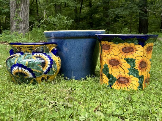 Three Fun Pottery Planters In Blue & Floral Patterns