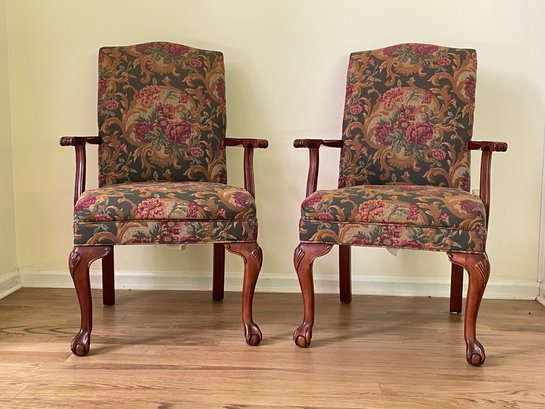Pair Of Ethan Allen Ball & Claw Foot Upholstered Library Armchairs