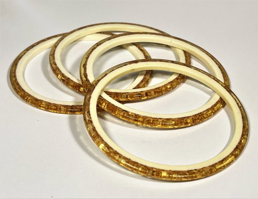 Lot Four Matched Dual Color Bakelite Plastic Era Bangle Bracelet Gold Flakes