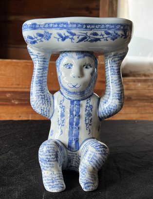 Vintage Chinoiserie Blue And White Porcelain Monkey Holding Trinket Dish