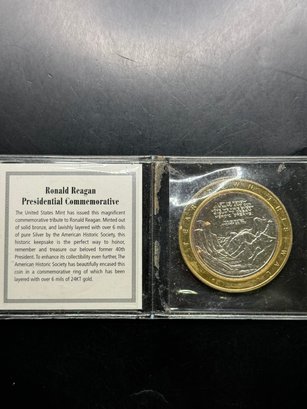 U.S. Mint 2004 Ronald Reagan Presidential Commemorative Coin Layered In 6 Mils Pure Silver 6 Mils 24kt Gold
