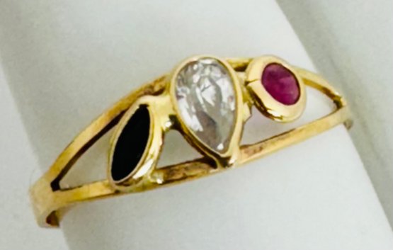 PETITE ITALIAN 14K GOLD BLUE, WHITE AND RED STONE RING