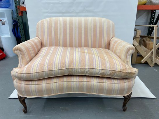 Good Bones: Traditional, Vintage Settee Couch With Queen Anne Style Wooden Carved Legs