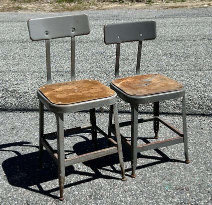 Pair Of Vintage Industrail Gray Metal Stools - With Pads
