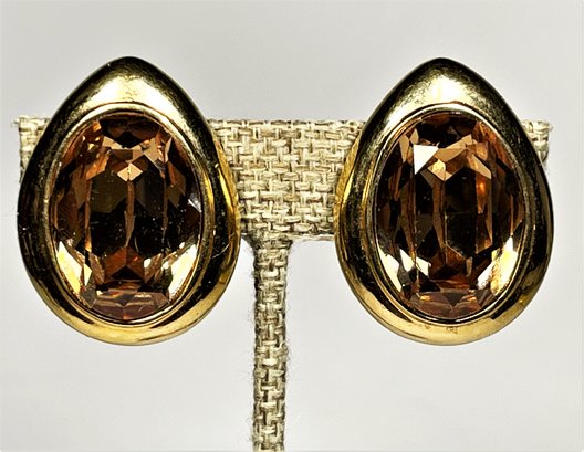 Fine Pair Of Vintage CINER Gold Tone Ear Clips Earrings Having Large Citrine Colored Stones