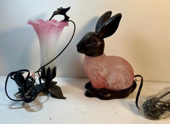 Brass And Amber Art Glass Hummingbird And Rabbit Lamps