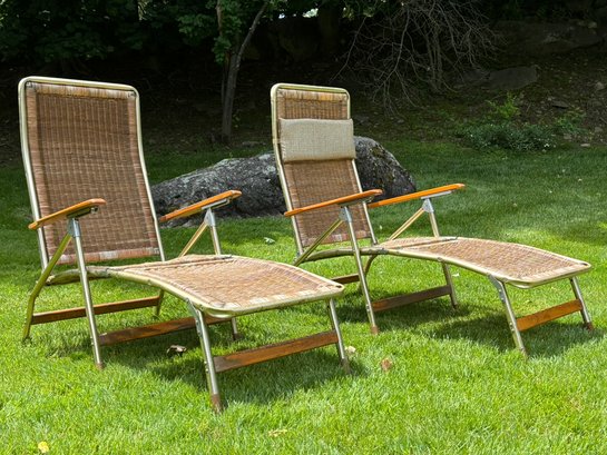 A Pair Of Vintage Mid Century Wicker Loungers, C. 1970's By The Telescope Folding Furniture Co. - AS IS
