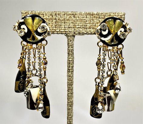 Lunch At The Ritz Gold Tone Elaborate Pierced Earrings Champagne Theme W Enamel