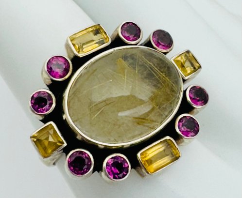 LIMITED EDITION NICKY BUTLER STUNNING RUTILATED QUARTZ, YELLOW AND PINK TOURMALINE STERLING SILVER RING