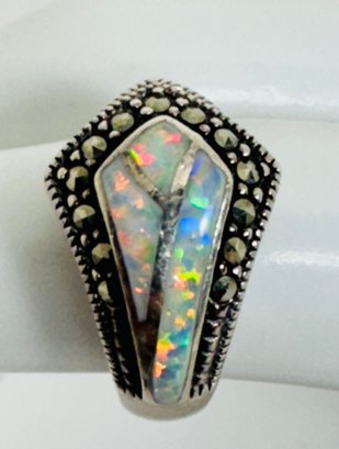 BEAUTIFUL OPAL AND MARCASITE STERLING SILVER RING