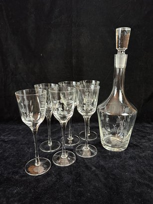 Floral Etched Wine Glasses And Decanter