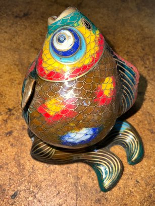 Stunning And Colorful Cloisonne Enameled Brass Koi Fish Figurine