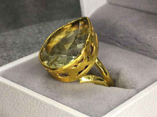 Beautiful Brand New Sterling Silver / 925 With 14K Gold Overlay With Yellow Topaz Cocktail Ring - New Unworn