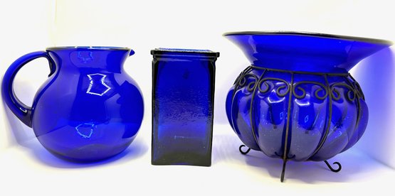 2 Vintage Cobalt Blue Glass Vases & Large Pitcher