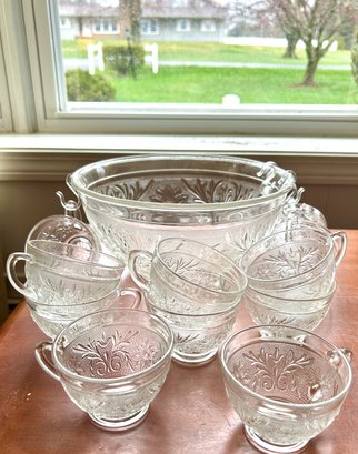 Vintage Etched Design Pressed Pattern Glass Punch Bowl & 12 Cups