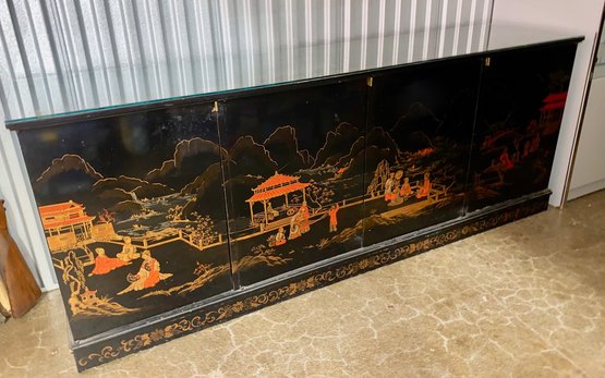 Asian Influenced Black Lacquered Low Server With Glass Top