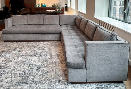 A Luxe Modern Sectional With Down Cushions In Grey Chenille By Nancy Corzine