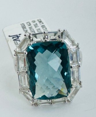 ABSOLUTELY GORGEOUS 12CT CUSION CUT TEAL FLUORITE WITH 5CTW BAQUETTE WHITE TOPAZ STERLING SILVER RING