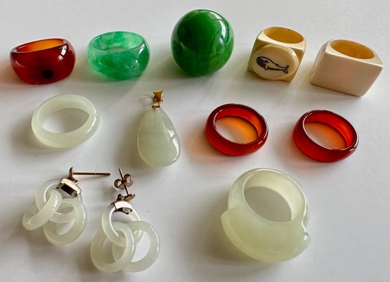 9 Jadeite & Bone Rings, Jadeite Earrings & Pendant
