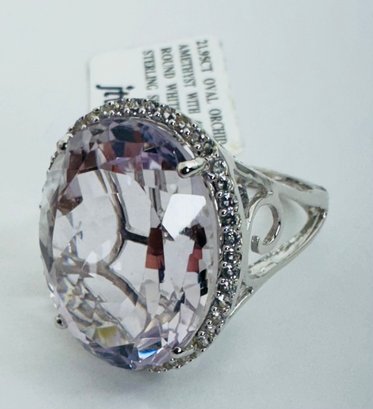 OVAL ORCHID AMETHYST AND ROUND WHITE TOPAZ STERLING SILVER RING