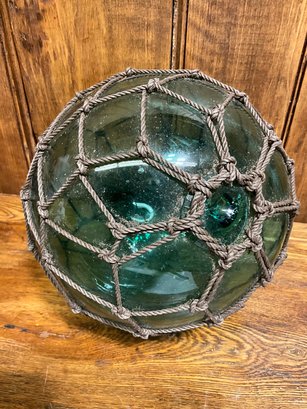 Awesome Large Antique Hand Blown Netted Green Glass Float ~ 8 3/4 In