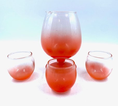 Vintage Red Blendo Cocktail Mixer/pitcher W/ 3 Rolli Poli Glasses By West Virginia Glass Co.