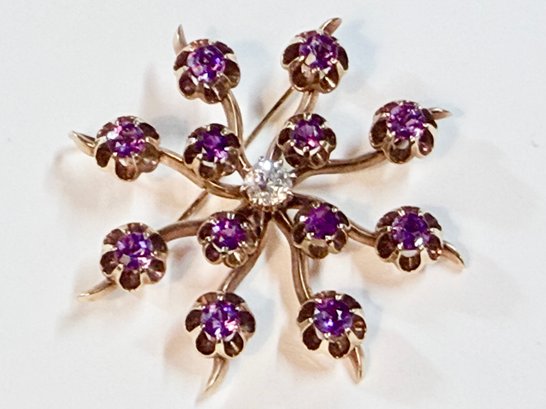 14K Rose Gold, Amethyst & Diamond Pendant/Brooch 14.89 Grams