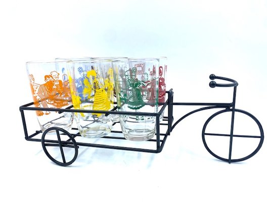 Vintage Bicycle Juice Glass Caddy W/ 6 Glasses Featuring Bustling Betsy