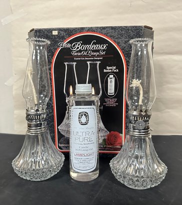 New & Never Used Petite Bordeaux Twin Oil Lamp Set Crystal Cut Designed Decorator In Original Box. KSS/C2