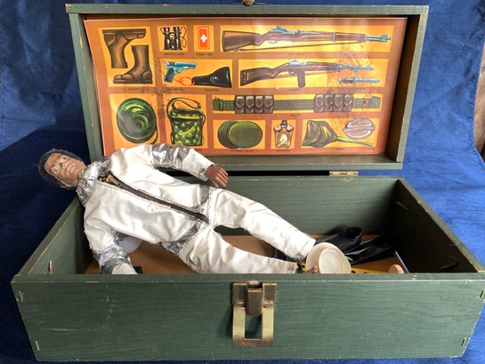 Vintage 11 Inch GI Joe In Wood Foot Locker - Missing A Foot