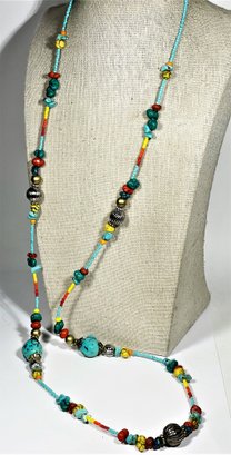 Vintage Turquoise Colored Beaded Elongated Necklace 38' Long