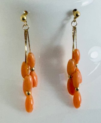GORGEOUS 14K GOLD 3 STRAND CORAL DANGLE EARRINGS