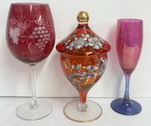 Lot Of 3 Colored Glass Decorative Glasses